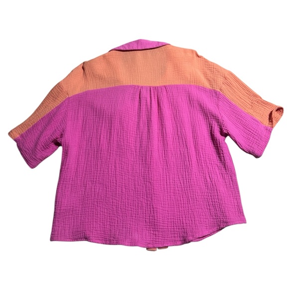 Fanco THE EMMA COLORBLOCK TOP Orange Pink Gauze Button Down Short Sleeve Barbie - Picture 3 of 6